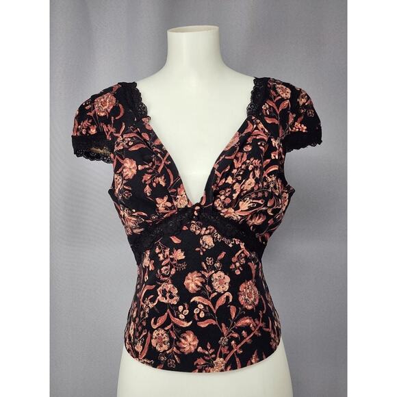 Free People Shirt Womens Medium Black Floral Lace Trim Deep V Neck Y2k Milkmaid - Picture 2 of 13